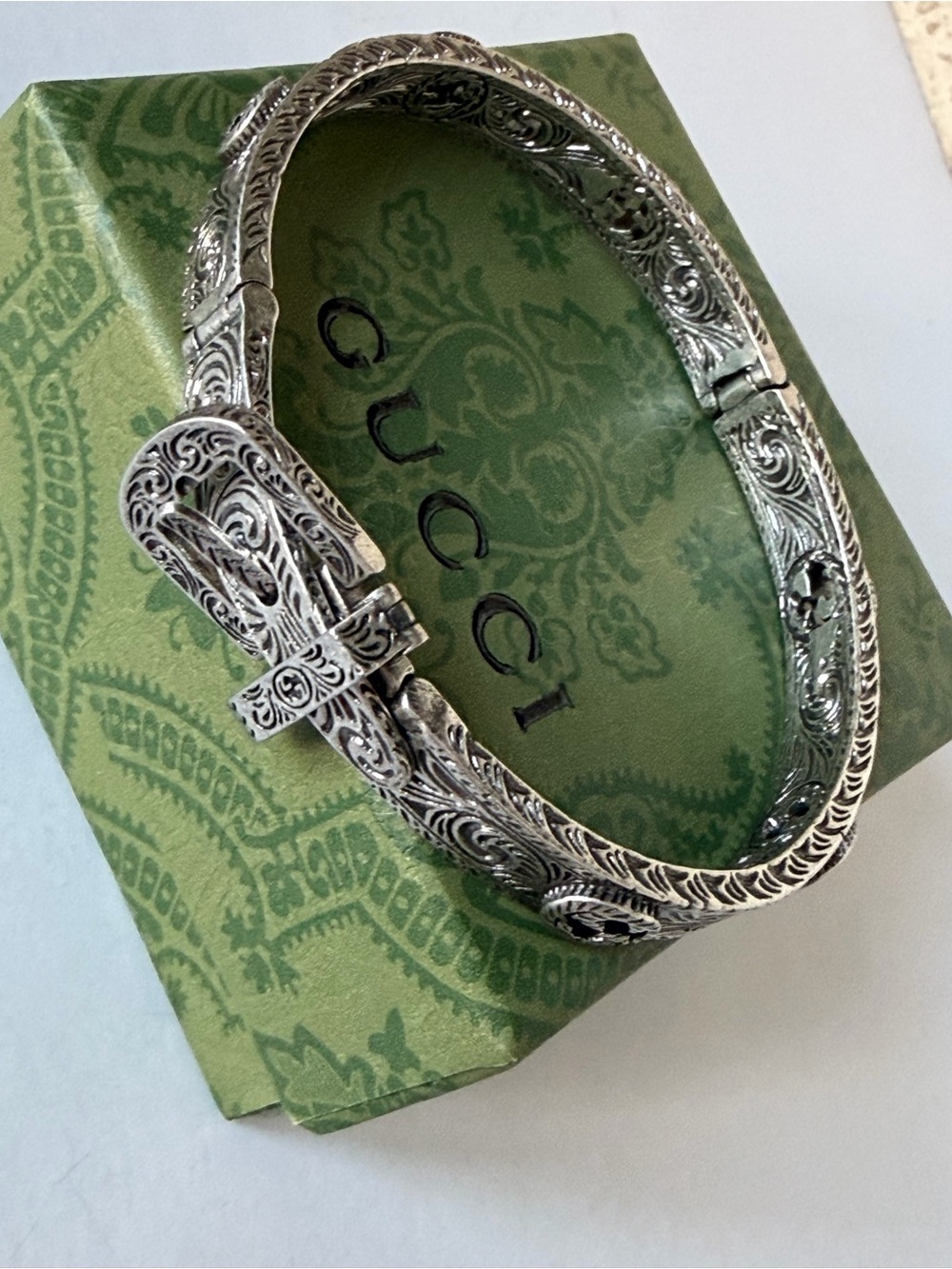Gucci Silver Engraved Buckle Bracelet Watch-Style Bangle